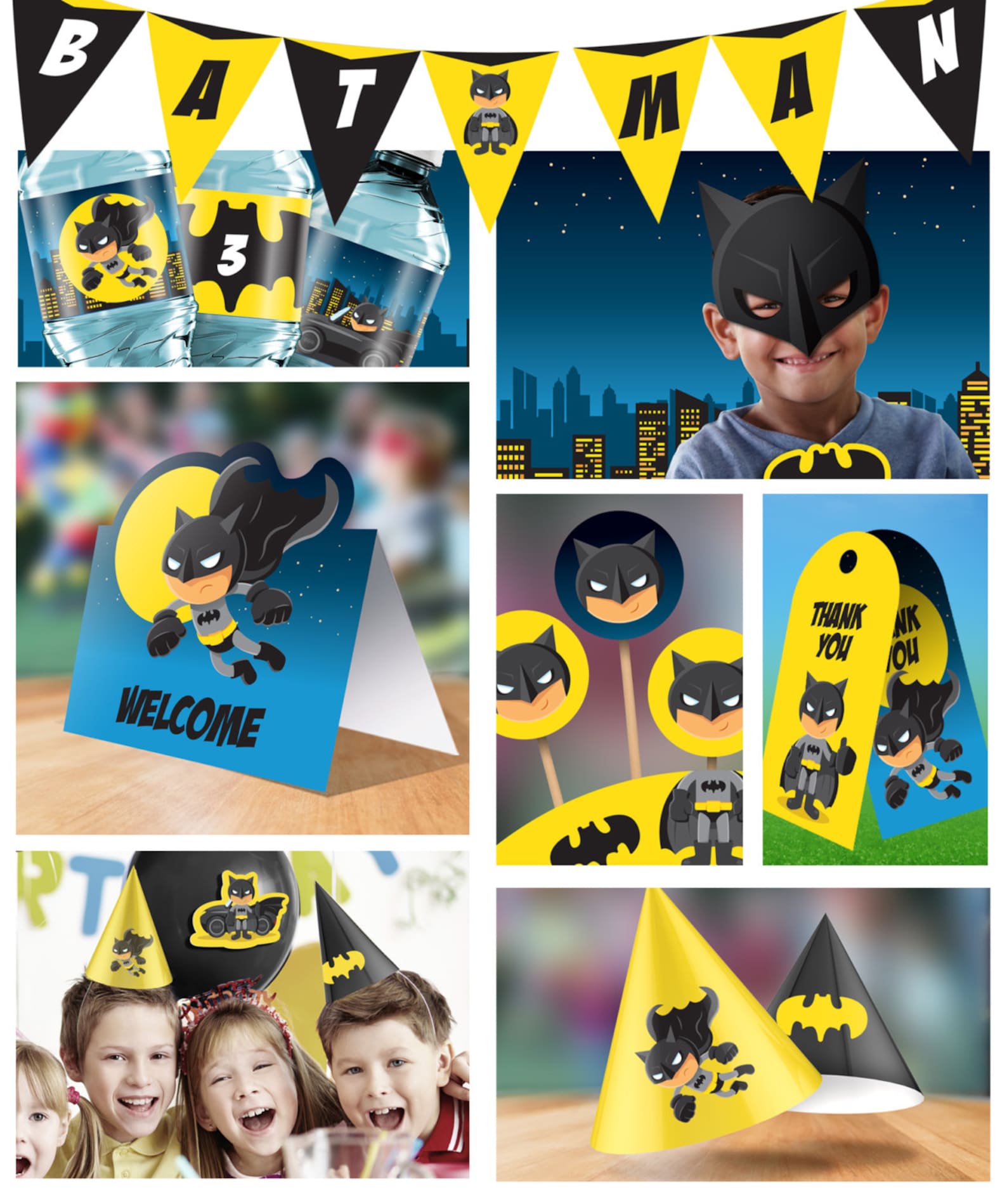 Printable Party Set, Batman Party, Kit Party Pack, Cupcake Toppers