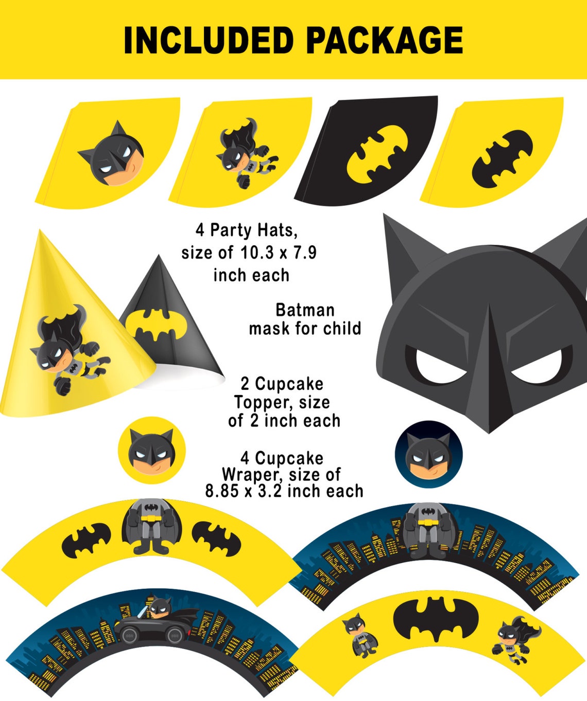Printable Party Set, Batman Party, Kit Party Pack, Cupcake Toppers