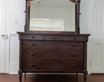 Antique 1800s Wood Dresser- 6 Drawers with Beveled Mirror / bedroom set | Neoclassical style | Louis XVI style | low dresser | wheeled feet