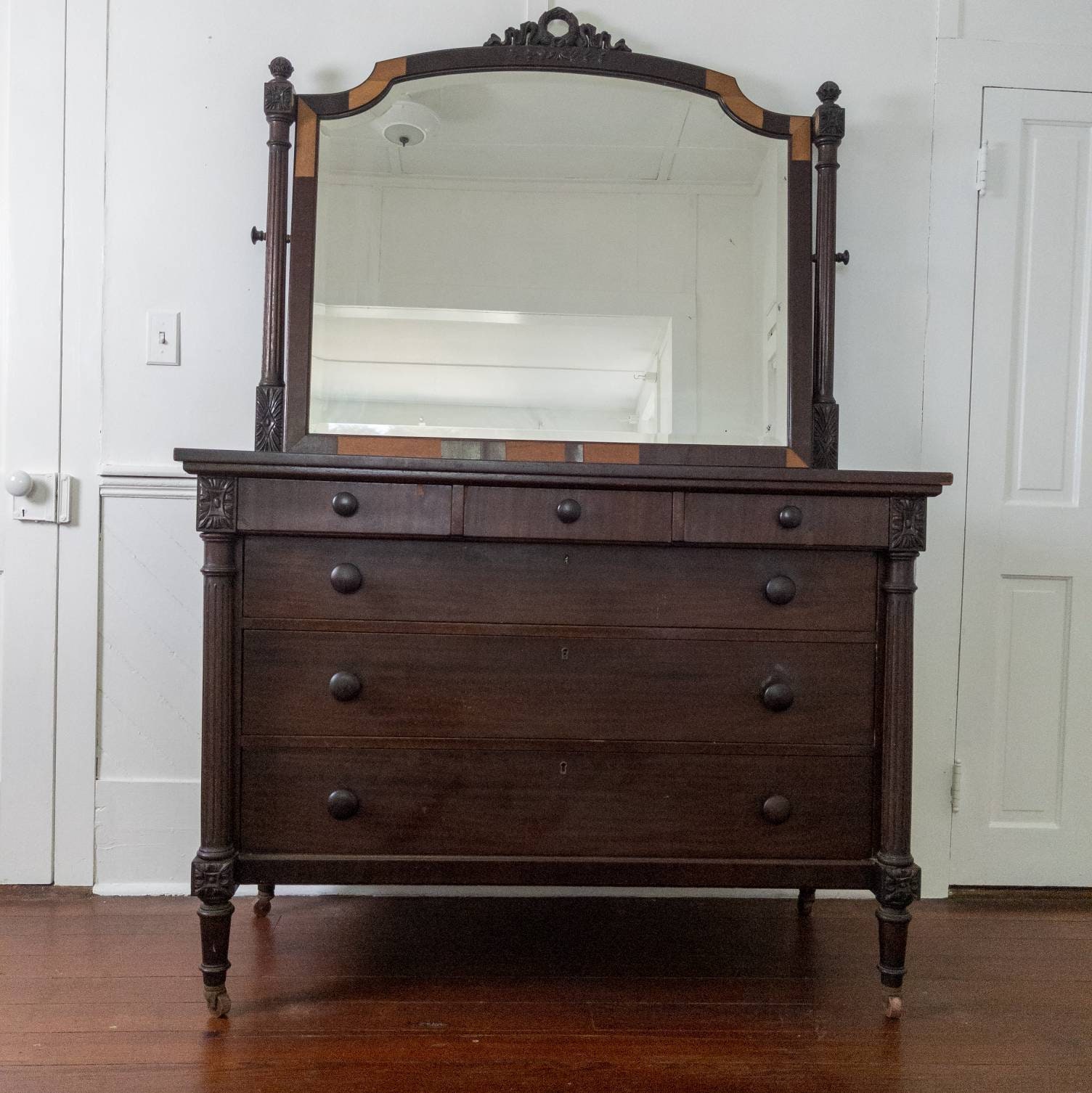 Antique 1800s Wood Dresser- 6 Drawers With Beveled Mirror / Bedroom Set ...