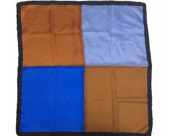 Italian Silk Modernist Color Block Square Scarf // vintage four square scarf | blue tan and black | 1970’s | mod fashion | classic style