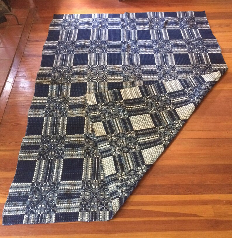 Antique Hand Loomed Blue and White Coverlet Blanket // 19th Etsy