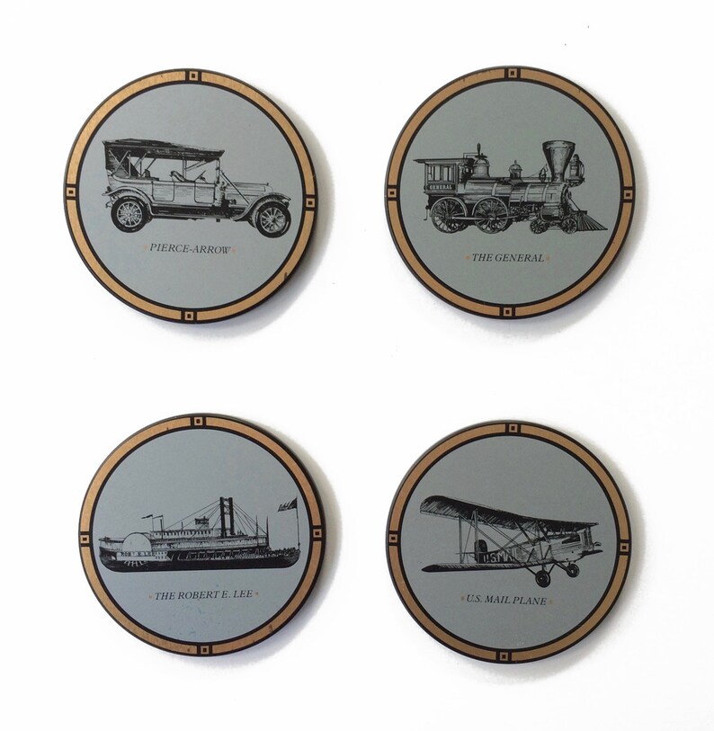 Vintage Drink Coasters // set of 4 transportation theme Etsy