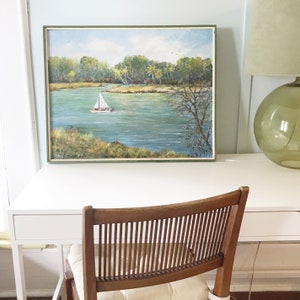 Vintage Original Florida Landscape Painting | sailboat on the water | palm trees | coastal scene framed painting on canvas