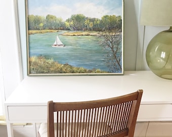 Vintage Original Florida Landscape Painting | sailboat on the water | palm trees | coastal scene framed painting on canvas