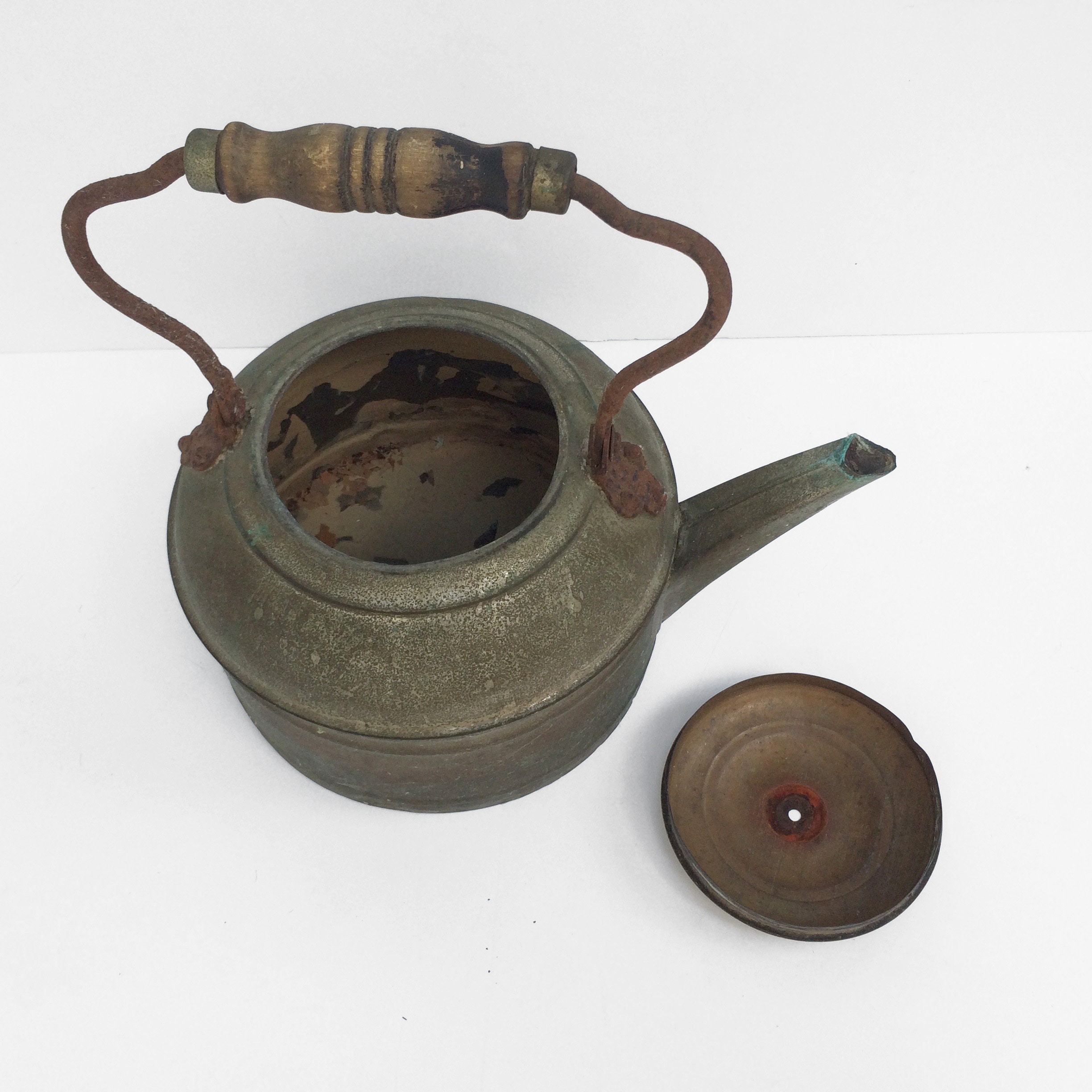 Decorative Antique Metal Kettle with Wood Handle // Vintage Etsy