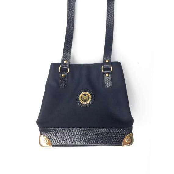 Vintage Black and Gold Braccialini Metrocity Purse // Black Designer Bag / Nylon and Leather Structured Bottom Shoulder Bag with Long Straps