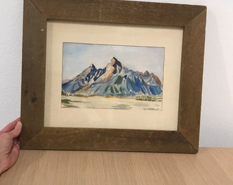 Vintage Framed Mountain Landscape Painting by M. Sullivan // mid century modern landscape | art sketch | simple distressed wood frame