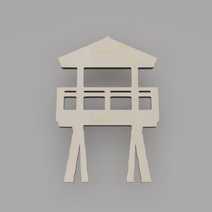 May include: Wooden cutout of a small, simple, open-air structure with a roof and four legs. The structure has a railing with five vertical slats.
