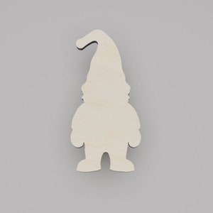 May include: Wooden cutout of a gnome with a hat. The gnome is standing with its arms at its sides. The cutout is unpainted and ready to be decorated.