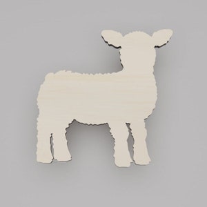 May include: A wooden cutout of a lamb, standing on four legs with its head turned to the side. The cutout is unpainted and has a natural wood color.