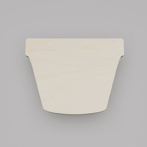 May include: A plain wooden cutout of a flower pot. The pot is light brown and has a rounded bottom.