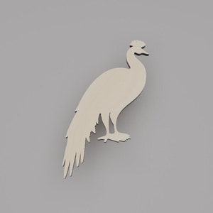 May include: A cream-colored peacock silhouette against a gray background. The bird is depicted in profile, with a long, flowing tail and a distinctive crest. The design is simple and elegant, suitable for wall decor.
