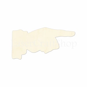 May include: A wooden cutout of a hand pointing to the right. The hand is light brown and has a simple, cartoon-like design.
