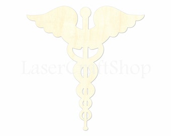 Caduceus Medical Doctor MD Symbol Wooden Cutout Shape, Silhouette, Gift Tags Ornaments, Room Decoration, Laser Cut Birch Wood, #1497