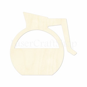 May include: A wooden cutout of a coffee pot with a handle. The cutout is unfinished and ready to be painted or stained.