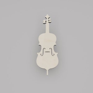 May include: A wooden cutout of a cello, a stringed musical instrument. The cello is a light brown color and has a simple design.