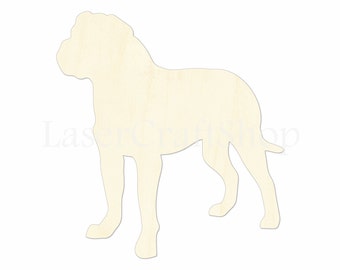 May include: A wooden cutout of a dog in a standing position. The cutout is unpainted and has a light brown color.
