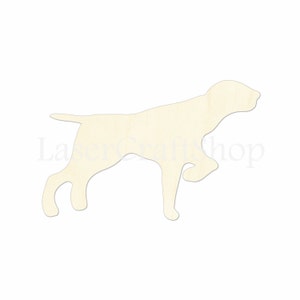 May include: A wooden cutout of a dog in a running pose. The cutout is unpainted and made of light-colored wood.
