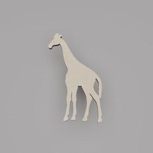 May include: A wooden cutout of a giraffe, standing on all four legs with its head held high. The giraffe is facing to the left of the image.