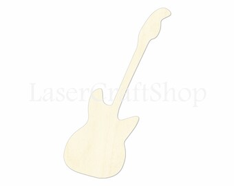 May include: A wooden cutout of a guitar in a light beige color. The guitar has a rounded body and a long neck.