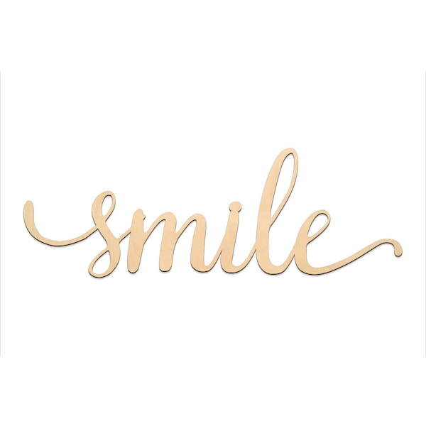 Smile Script Word Wood Sign, Wooden words, Sign Art, Rustic Cursive Word, Room Decoration, Wall hanging, Laser Cut Unfinished Wood #3001