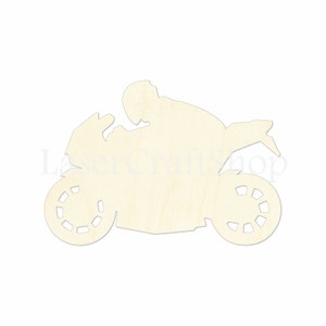 2&quot; - 34&quot; Sport Motorcycle with Rider Wooden Cutout Shape, Silhouette, Gift Tags Ornaments Laser Cut Birch Wood   #1059