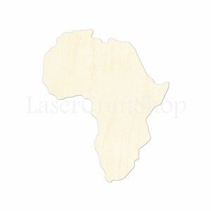 May include: A wooden cutout in the shape of the African continent. The cutout is a light beige color with visible wood grain. The text "LaserCraftShop" is faintly visible across the image.