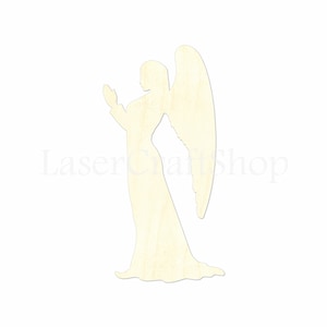 May include: A wooden cutout of an angel with wings, in a praying pose. The angel is made of light brown wood and has a simple, elegant design.