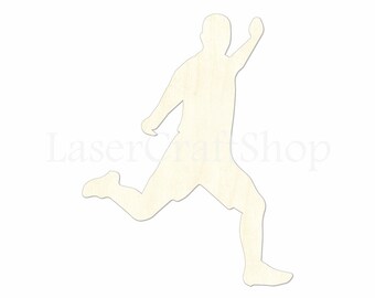 May include: A wooden cutout of a person running. The cutout is unpainted and has a natural wood color.