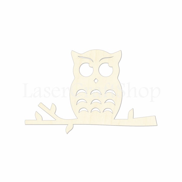 2" - 34" Owl on the Branch Wooden Cutout Shape, Silhouette, Gift Tags Ornaments, Room Decoration, Laser Cut Unfinished Wood,  1762