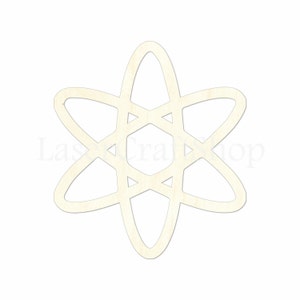 May include: A wooden cutout of an atom symbol. The atom symbol is a circle with a star inside. The cutout is a light brown color.