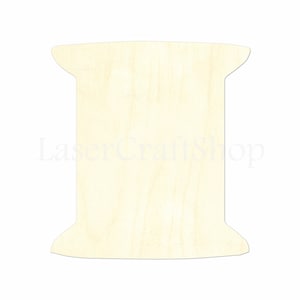 May include: A wooden spool-shaped craft blank. The unfinished wood has a light, natural color. The shape includes a central rectangular section with flared ends, resembling a traditional thread spool. The text "LaserCraftShop" is faintly visible.