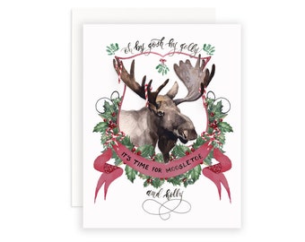 Moosletoe and Holly Christmas Card | Watercolor Christmas Card | Christmas Card | Watercolor Crest Card | Christmas Moose Puns