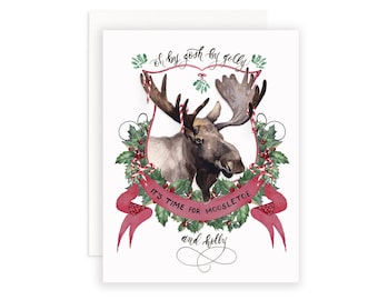 Moosletoe and Holly Christmas Card | Watercolor Christmas Card | Christmas Card | Watercolor Crest Card | Christmas Moose Puns