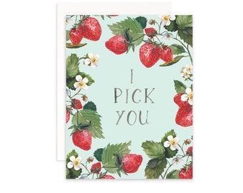 I Pick You Greeting Card | Strawberry Watercolor Greeting Card | Fruit Greeting Card | Watercolor Strawberries | Strawberry Greeting Card
