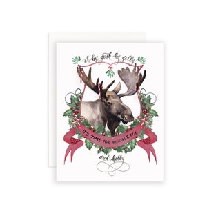 Moosletoe and Holly Christmas Card | Watercolor Christmas Card | Christmas Card | Watercolor Crest Card | Christmas Moose Puns