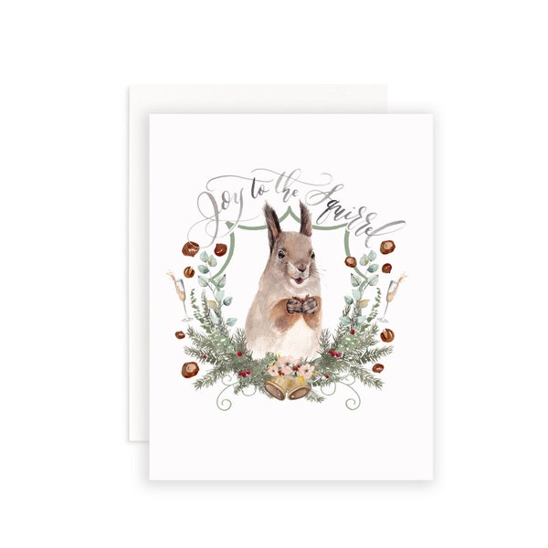 Joy to the Squirrel Christmas Card | Watercolor Squirrel Christmas Card | Joy to the World Christmas Card | Christmas Puns Notecard