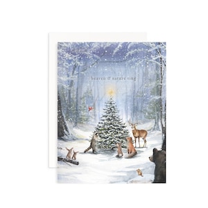 El cielo y la naturaleza cantan la tarjeta de Navidad / Tarjeta de Navidad del bosque / Tarjeta de la naturaleza de la acuarela / Tarjeta de animales de la acuarela / Tarjetas de felicitación de Navidad