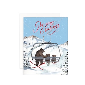 Carte de Noël de vœux ski-fils | Carte de Noël de ski | Carte de ski aquarelle | Carte de Noël ours aquarelle | Carte de vœux amusante