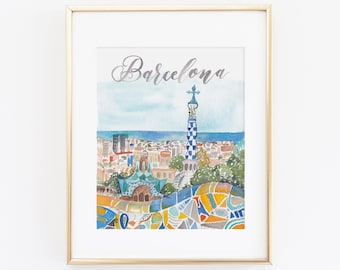 Watercolor Barcelona City Print | Barcelona Watercolor Art | Barcelona Spain Painting | Barcelona Skyline | City Print Set | Park Guell