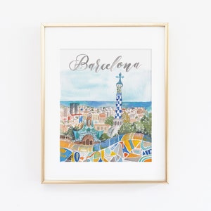 Watercolor Barcelona City Print | Barcelona Watercolor Art | Barcelona Spain Painting | Barcelona Skyline | City Print Set | Park Guell