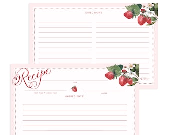 May include: A printable recipe card with a pink background and a strawberry design. The card has sections for the title, prep time, cook time, ingredients, notes, and directions. The text "Recipe" is written in cursive at the top of the card.