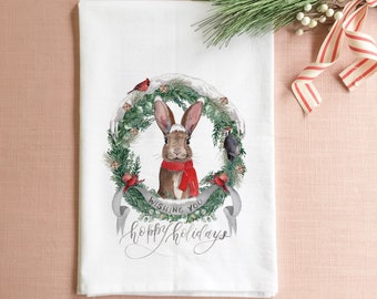 Hoppy Holidays Christmas Tea Towel, Holiday Tea Towels, Farmhouse Christmas, Farmhouse Tea Towel, Woodland Christmas