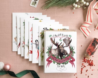 Assorted Christmas Card Set No. 3 | Watercolor Christmas Cards | Watercolor Crests Stationery | Animal Christmas Cards | Pun Christmas Cards