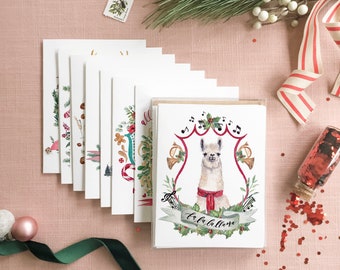 Assorted Christmas Card Set No. 1 | Watercolor Christmas Cards | Watercolor Crests Stationery | Animal Christmas Cards | Pun Christmas Cards