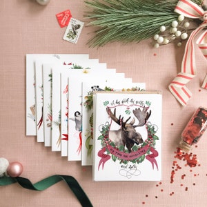 Assorted Christmas Card Set No. 3 Watercolor Christmas Cards Watercolor Crests Stationery Animal Christmas Cards Pun Christmas Cards image 1