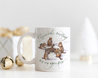 Chipmunks Roasting on an Open Fire Coffee Mug | Watercolor Christmas Mug | Chipmunk Christmas Mug | Christmas Crest Mug | Deck the Halls Mug