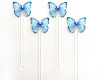 Blue Morpho Butterfly Drink Stir Sticks | Watercolor Butterfly Drink Stirrer | Swizzle Sticks | Cocktail Drink Sticks