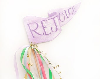 Rejoice Pennant Flag | Easter Photo Prop | Easter Party Pennant | Birthday Party Decor | Baby Shower Party Banner | Cute Party Ribbon Wand